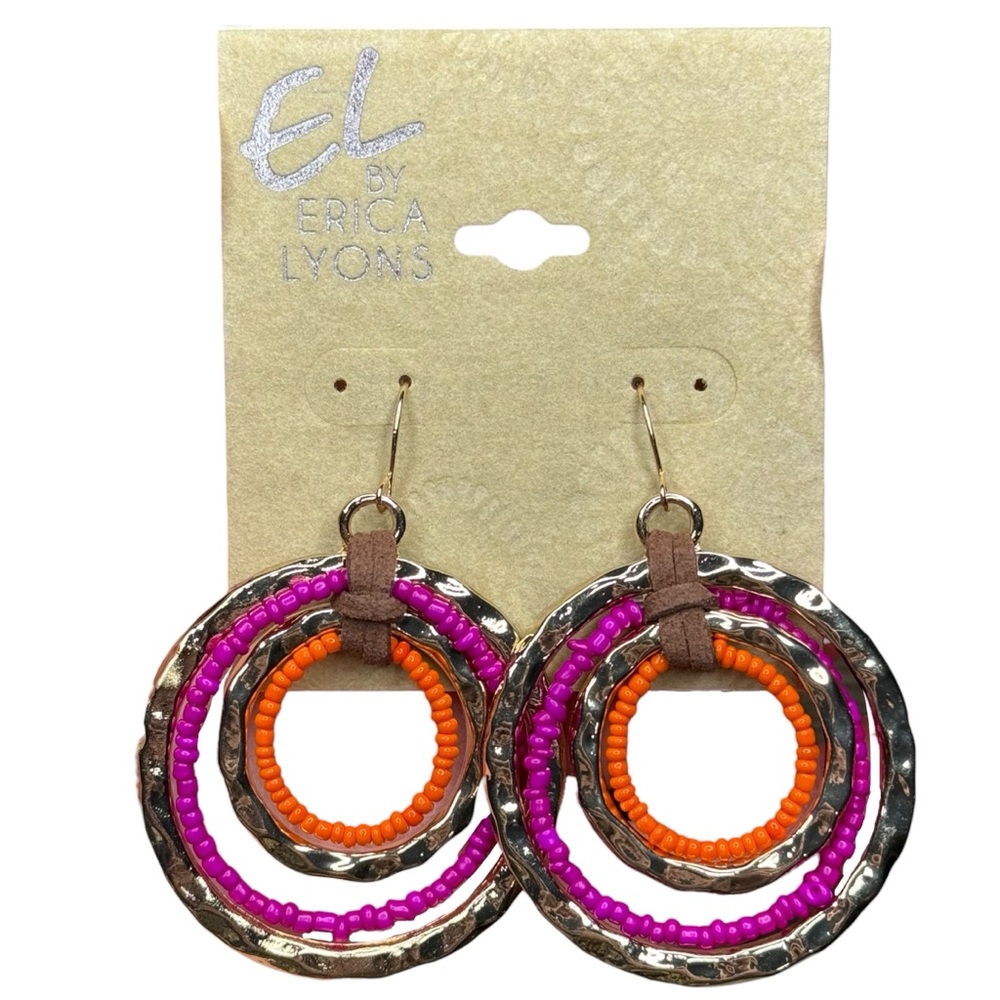 ERICA LYONS Beaded Circle Dangle Earrings Purple Pink Orange Gold Hammered NEW